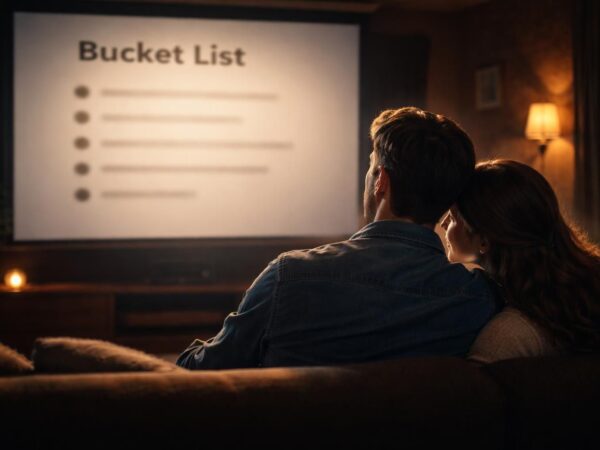 Couple : bucket list affichée en grand sur écran de projection
